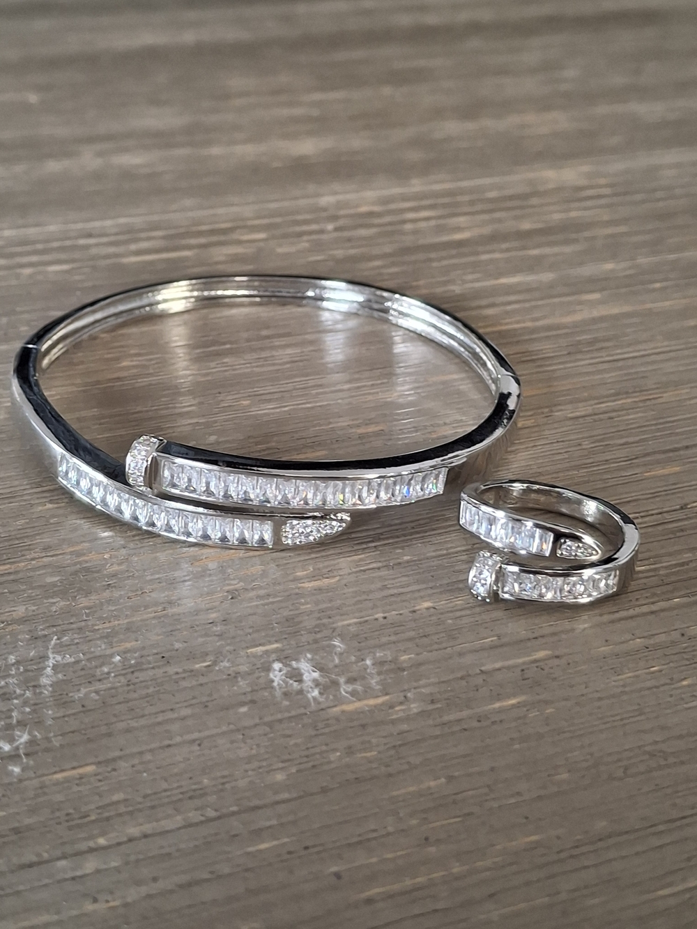 Silver Crystal Pave Bypass Bracelet and Ring Set